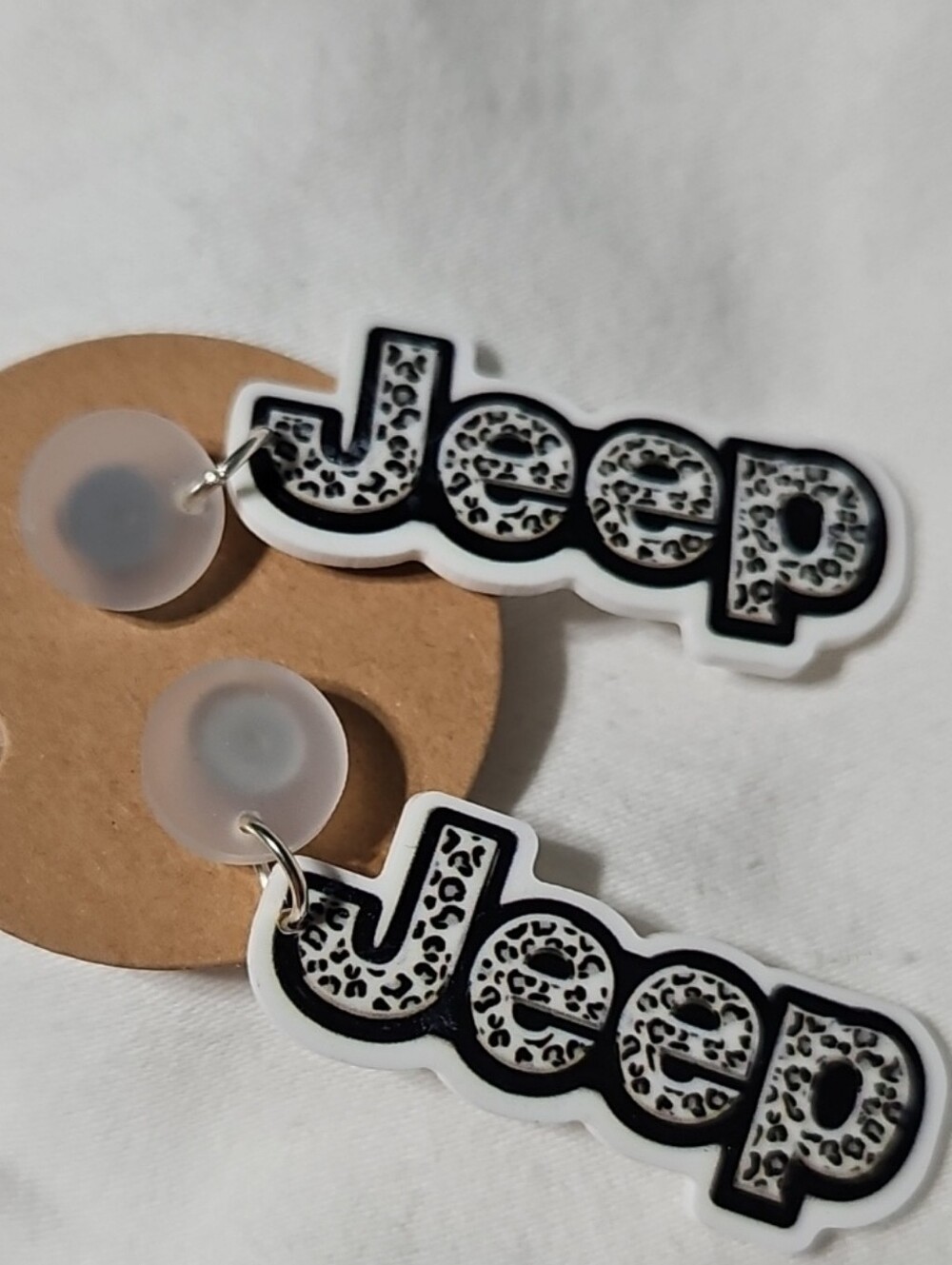 Jeep Black and White Leopard Logo Dangle Earrings